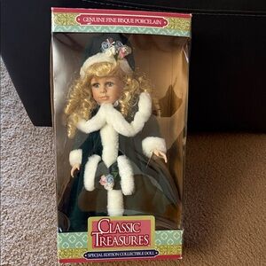 Classic Treasures Porcelain Doll with Green and White Outfit